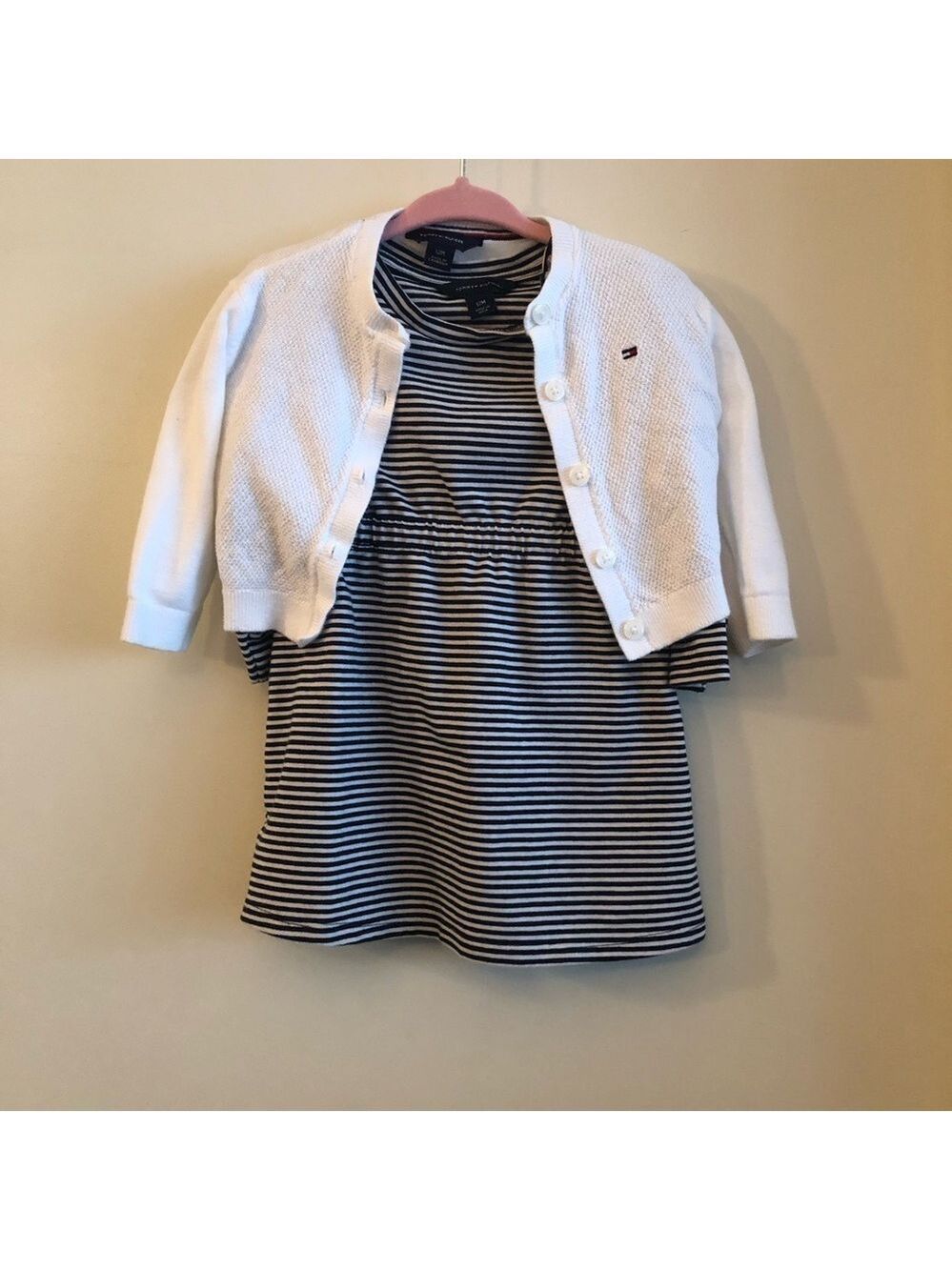 Tommy Hilfiger Baby Girl Navy Stripped Ruffle Dress and Cardigan 2-Piece 12M